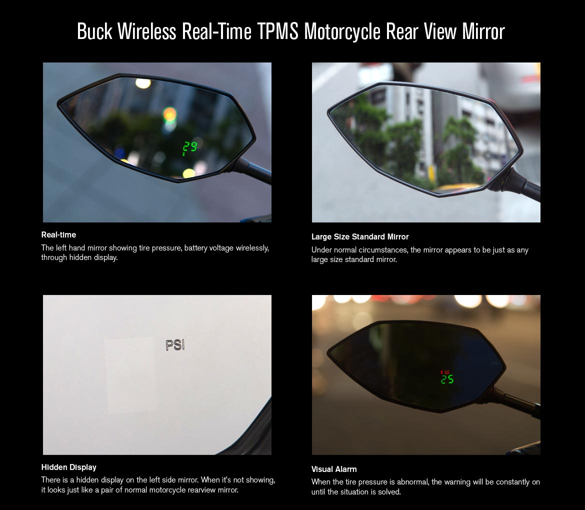 KiWAV motorcycle mirrors with TPMS Buck black 8/ 10mm universal