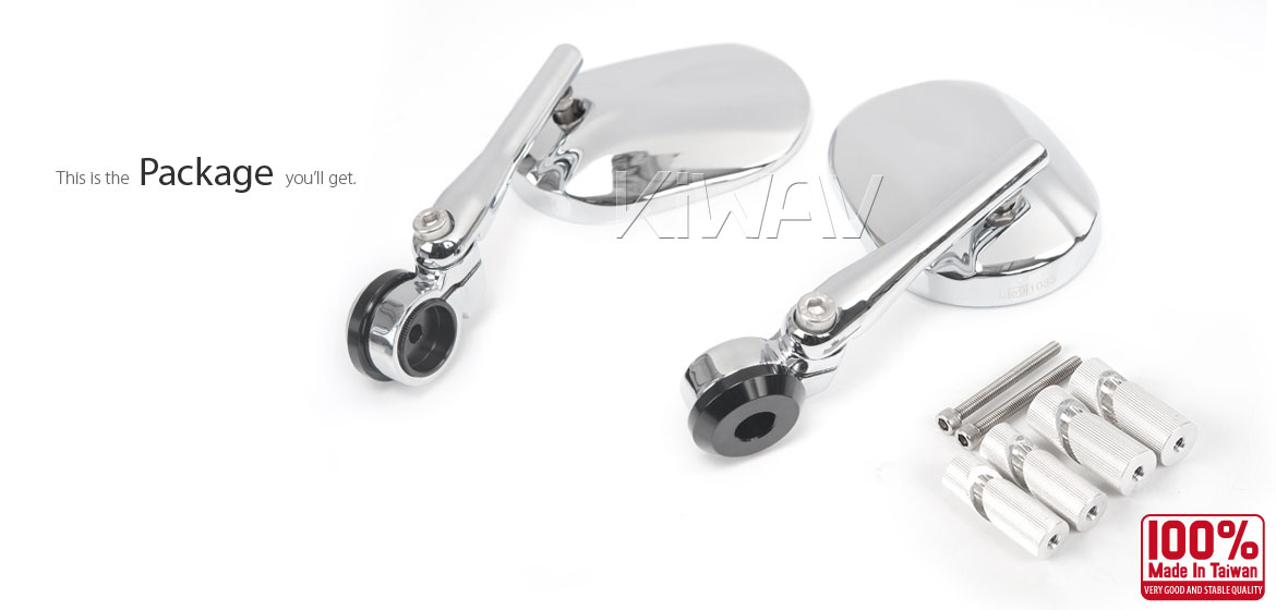 KiWAV motorcycle round bar end mirrors Stark chrome for 1 inch & 1-1/4 inch hollow end handlebars