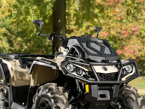 KiWAV ViperII bar end mirrors mounted on a Can-Am Outlander ATV vehicle