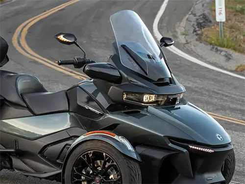 KiWAV Lucifer neat stem motorcycle mirrors mounted on a Can-Am Spyder RT 3-wheel vehicle