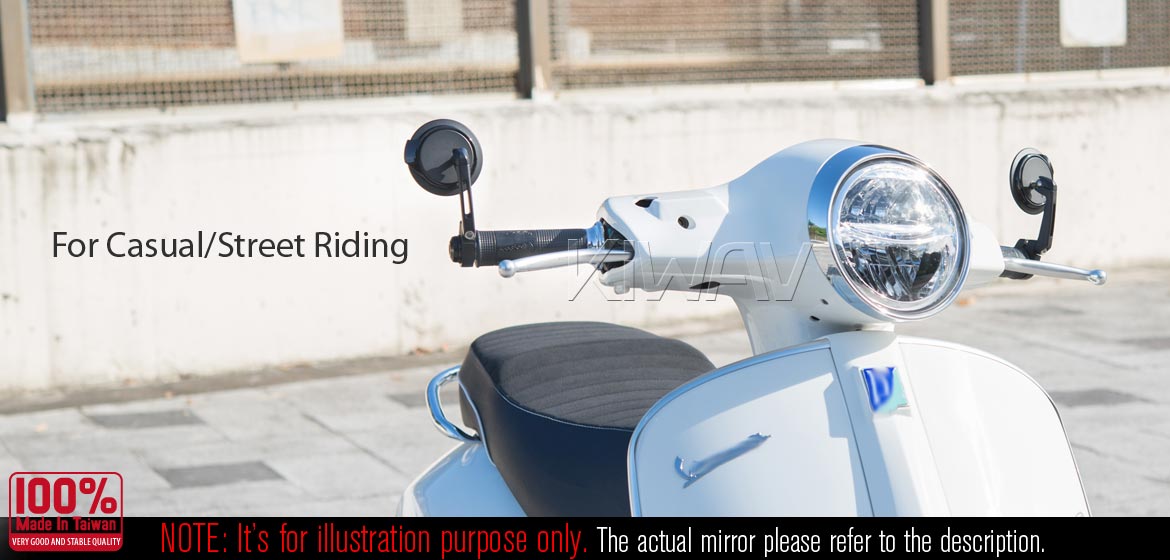 Thinnest motorcycle mirrors KiWAV motorcycle bar end mirrors Aura black compatible with some Vespa models, GTS/ GTV/ GT