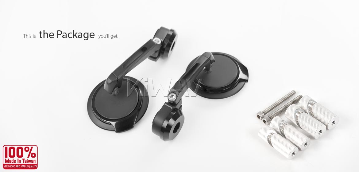 Thinnest motorcycle mirrors KiWAV motorcycle bar end mirrors Aura black for 1 inch & 1-1/4 inch hollow end handlebars