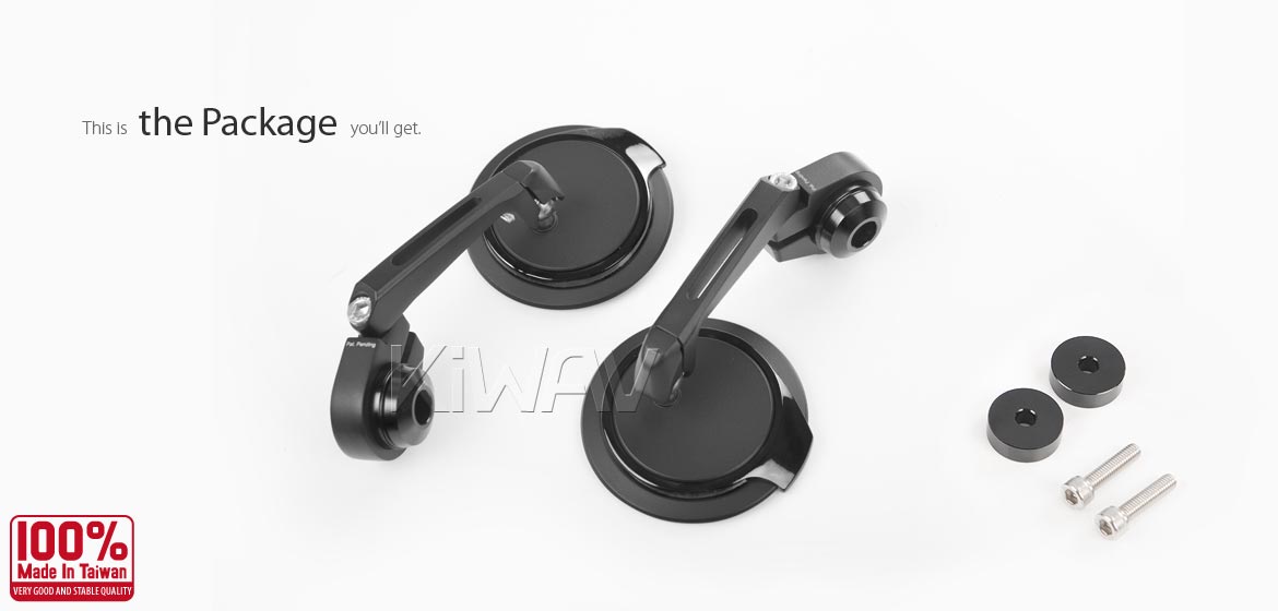 Thinnest motorcycle mirrors KiWAV motorcycle bar end mirrors Aura black compatible with some Vespa models, GTS/ GTV/ GT