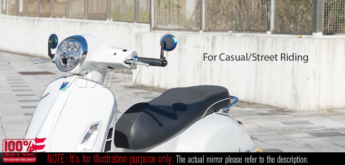 Thinnest motorcycle mirrors KiWAV motorcycle bar end mirrors Aura blue compatible with some Vespa models, GTS/ GTV/ GT