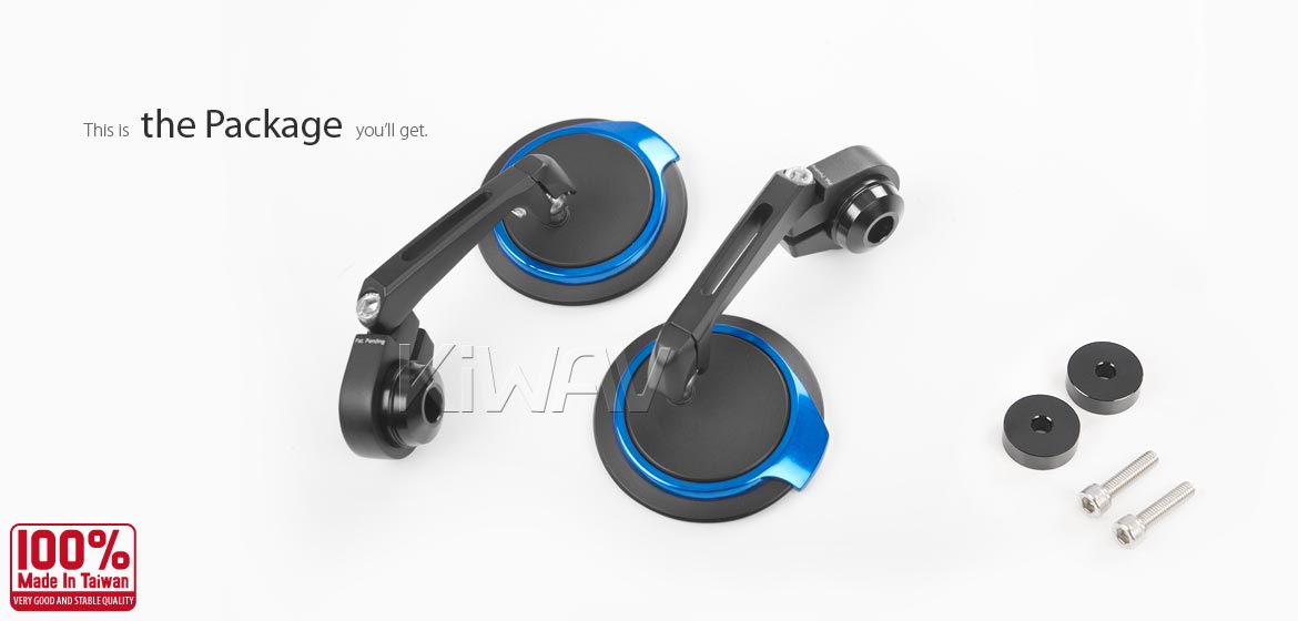 Thinnest motorcycle mirrors KiWAV motorcycle bar end mirrors Aura blue compatible with some Vespa models, GTS/ GTV/ GT