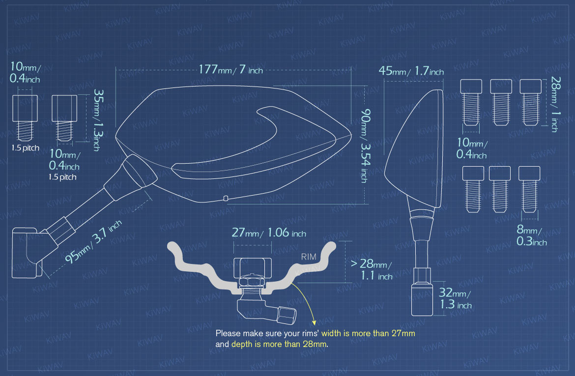 Measurement of KiWAV motorcycle mirrors BuckTPMS for BMW