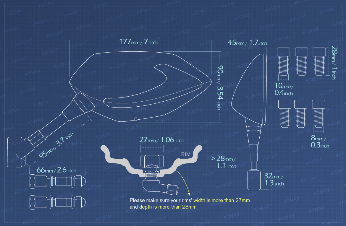 Measurement of KiWAV motorcycle mirrors BuckTPMS/LuciferTPMS for Harley