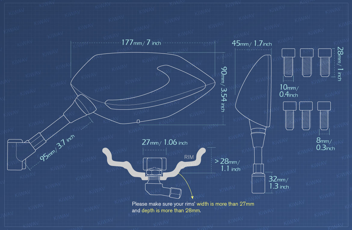 Measurement of KiWAV motorcycle mirrors BuckTPMS/LuciferTPMS Metric 10mm & 8mm bikes