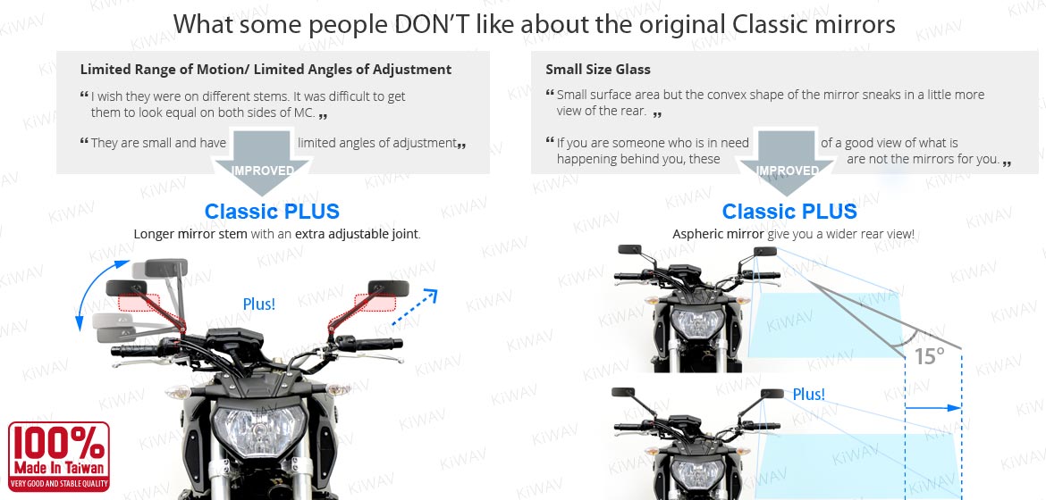 KiWAV motorcycle mirrors ClassicPlus black compatible for most modern Vespa models, GTS/ GTV/ LX/ LT/ LXV/ S