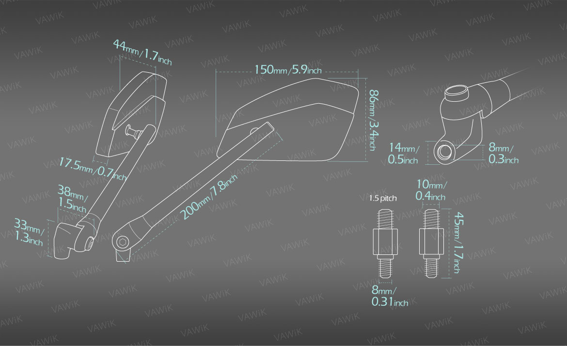 Measurement of VAWiK motorcycle mirrors CleaverII Metric 10mm for BMW bikes