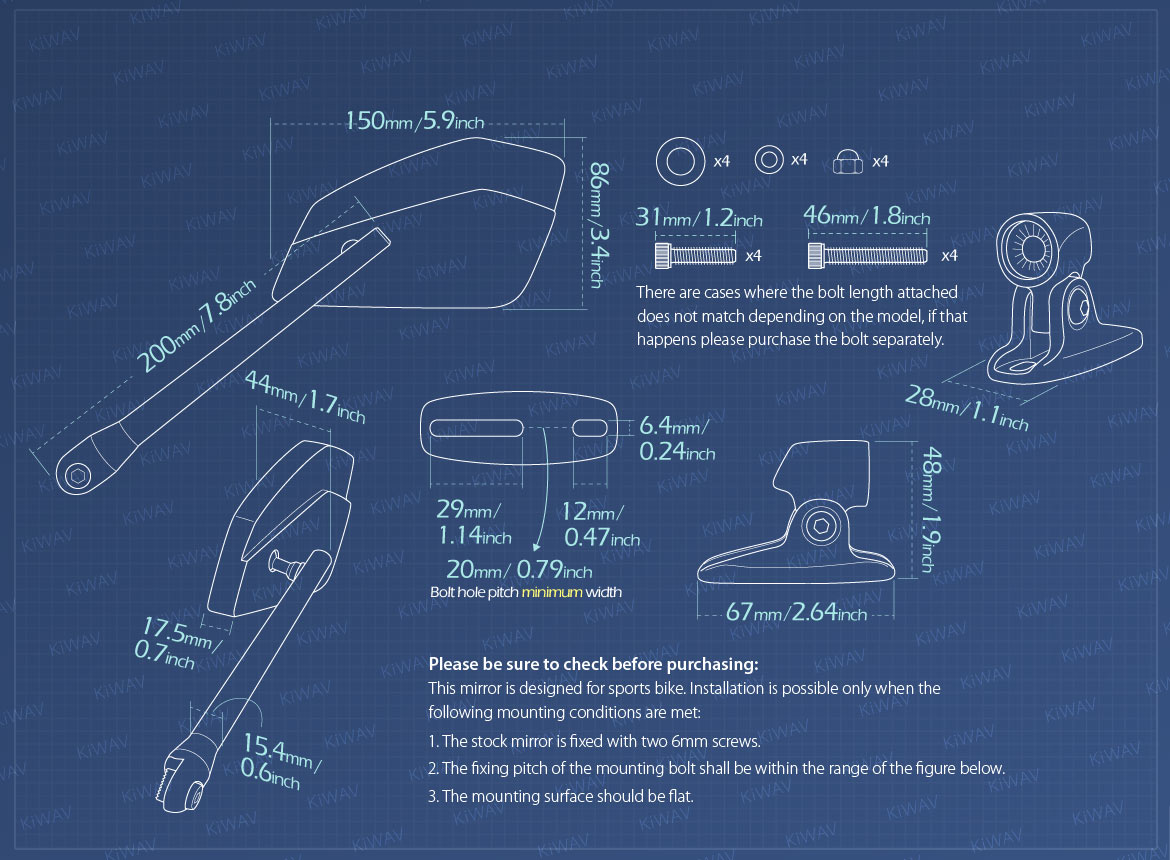Measurement of KiWAV motorcycle mirrors CleaverII black fairing mount for sport bikes