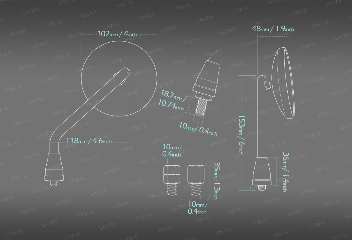 Measurement of VAWiK motorcycle mirrors Eclipse Shorty for Yamaha 10mm reverse thread bikes