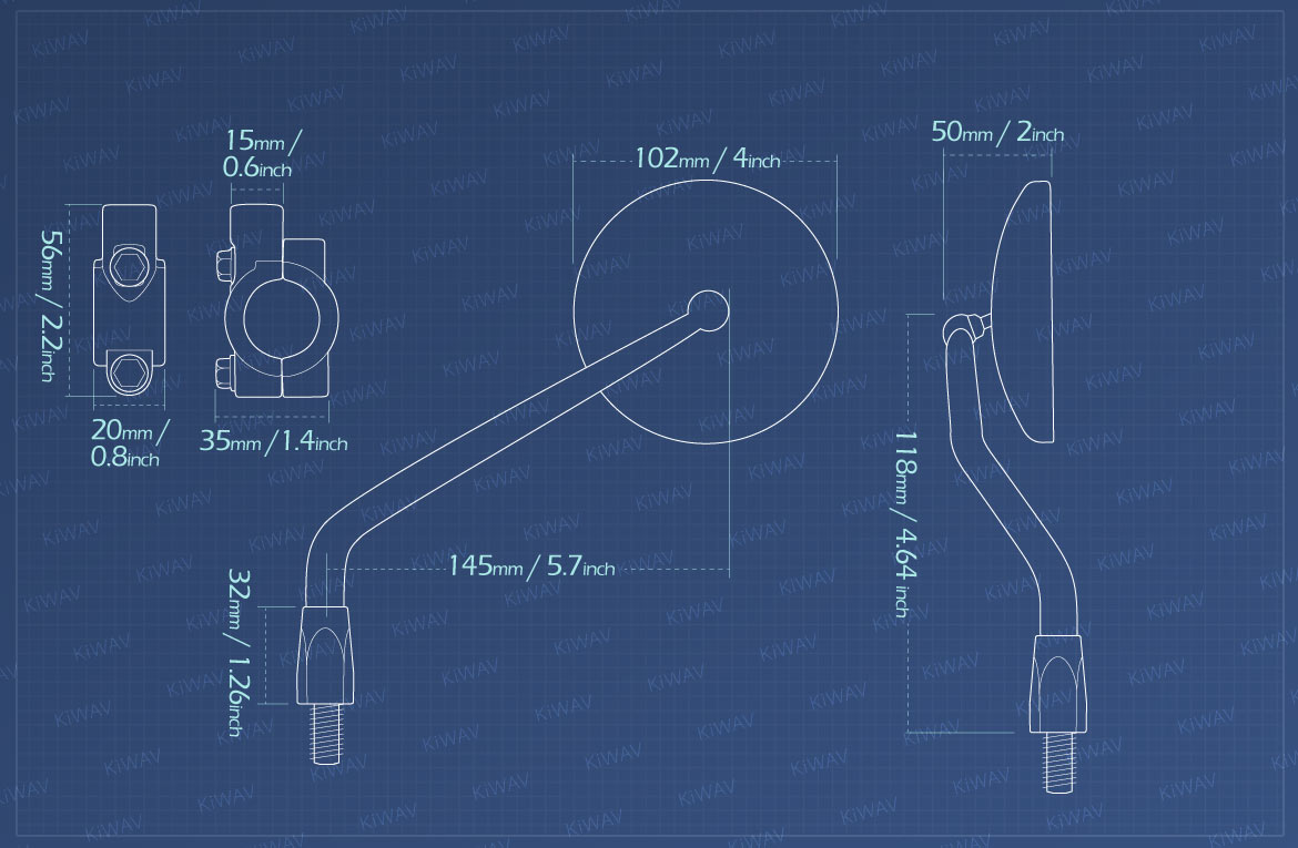 Measurement of KiWAV ATV rear view mirrors Eclipse for 7/8 inch handlebar mount with aluminum clips