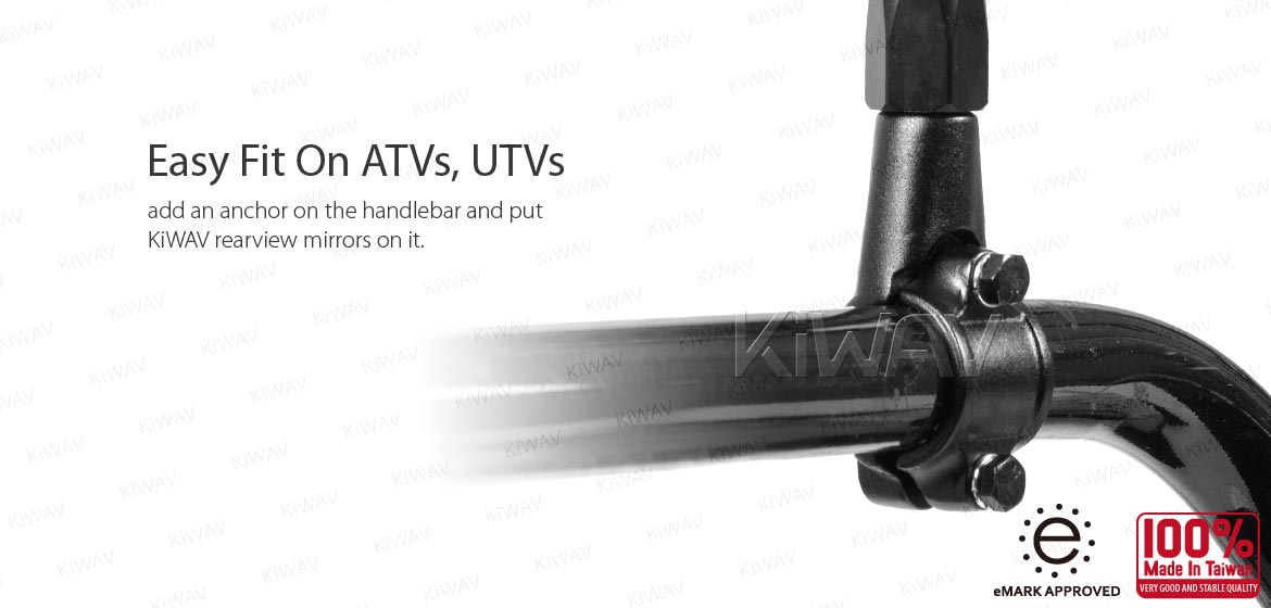 KiWAV ATV rear view mirrors Eclipse black for 7/8 inch handlebar mount with black aluminum clips
