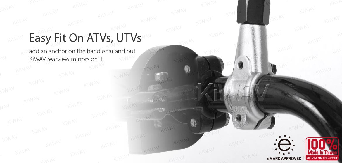 KiWAV ATV rear view mirrors Eclipse black for 7/8 inch handlebar mount with silver aluminum clips