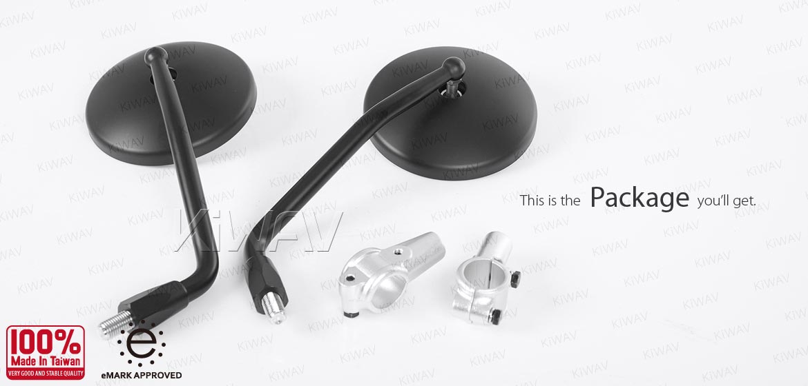KiWAV ATV rear view mirrors Eclipse black for 7/8 inch handlebar mount with silver aluminum clips