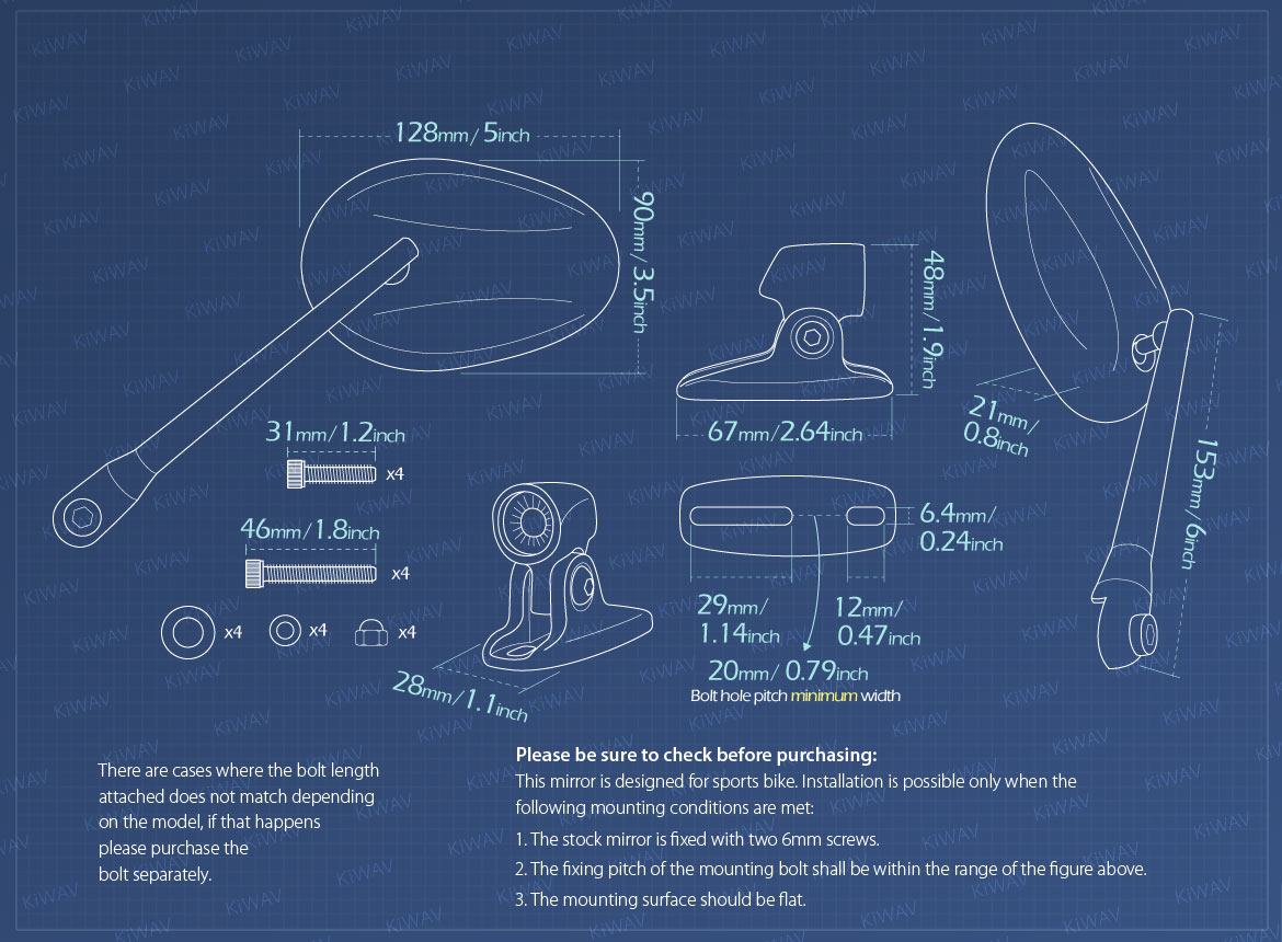 Measurement of KiWAV Ellipse motorcycle mirrors for sportsbike