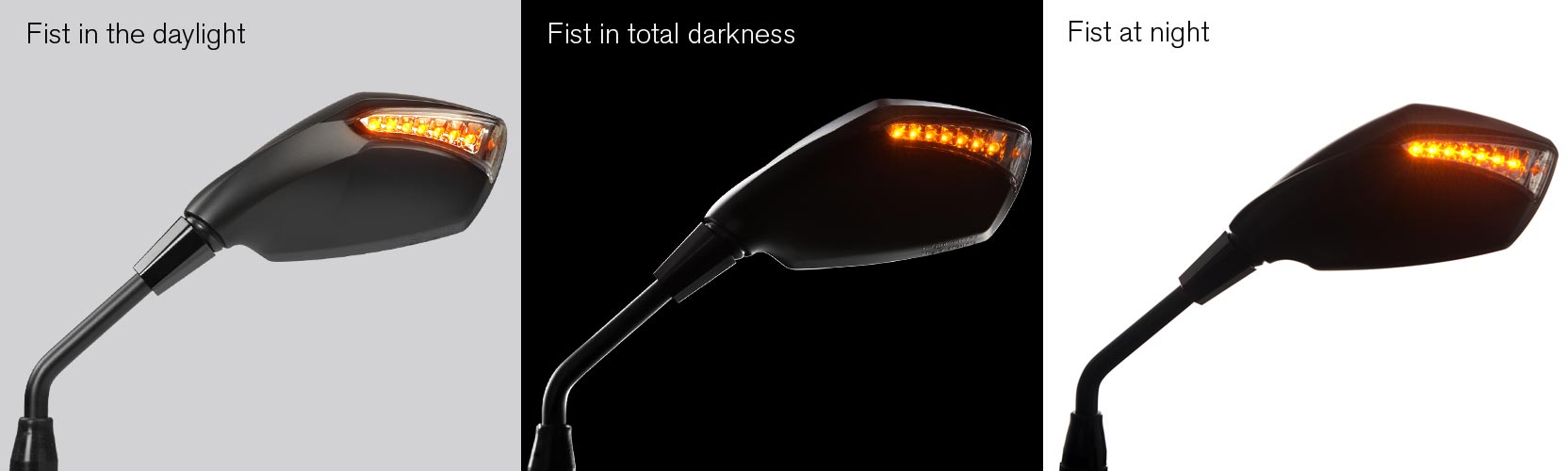 Fist LED Motorcycle mirror turn signal, driving light, in the daylight, at night, in total darkness