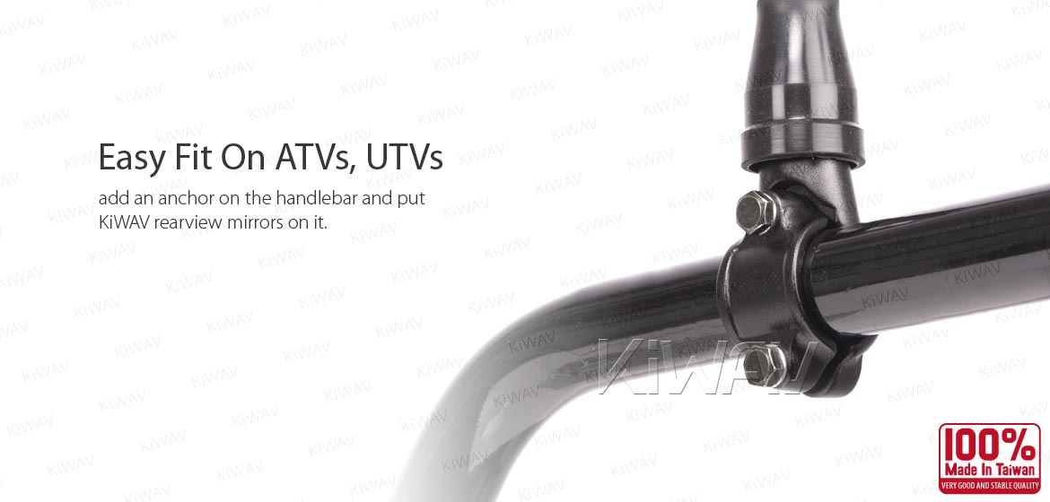 KiWAV ATV rear view mirrors Hawk silver for 7/8 inch handlebar mount with black aluminum clips