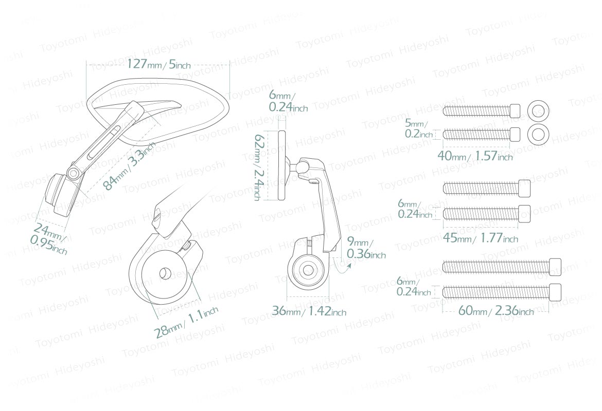 Measurement of Toyotomi motorcycle bar end mirrors Horus compatible for Triumph air-cooled motorcycles