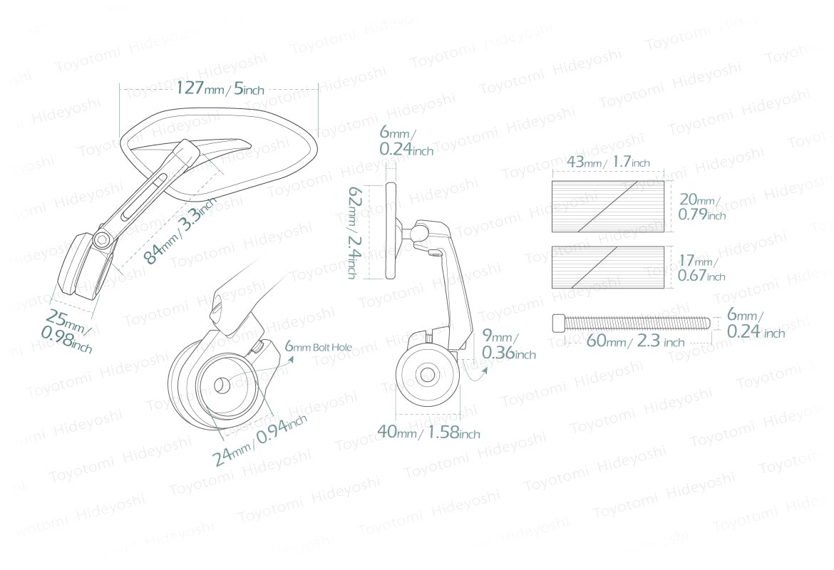 Measurement of Toyotomi motorcycle bar end mirrors Horus for 1 inch & 1-1/4 inch hollow end handlebars