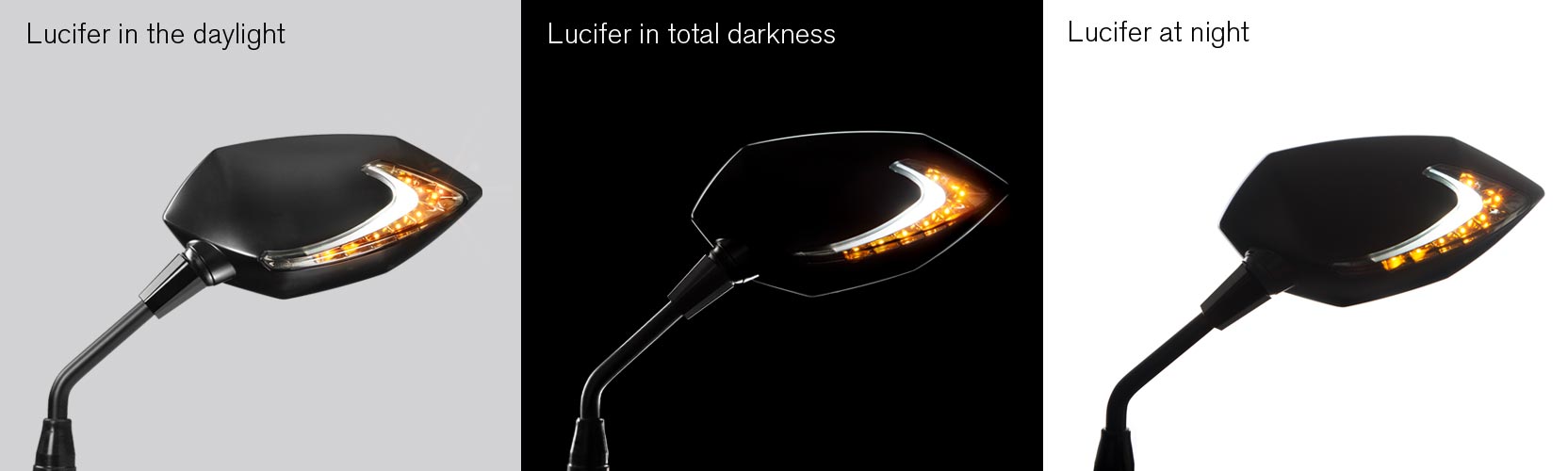 Lucifer LED Motorcycle mirror turn signal, driving light, in the daylight, at night, in total darkness