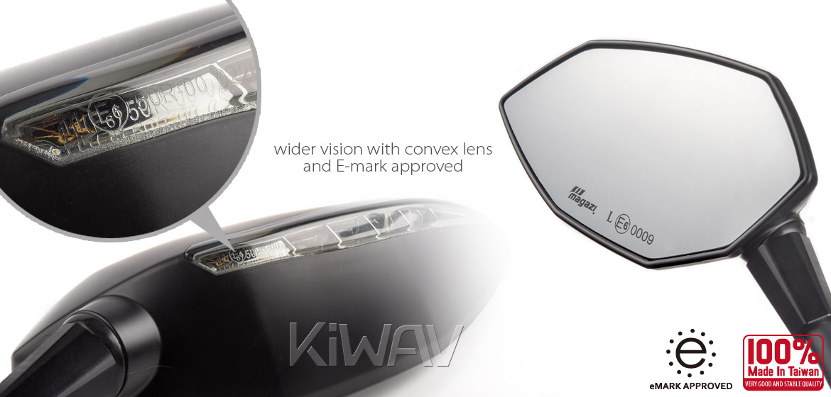 KiWAV Oi & Lucifer black LED neat stem motorcycle mirrors universal fit