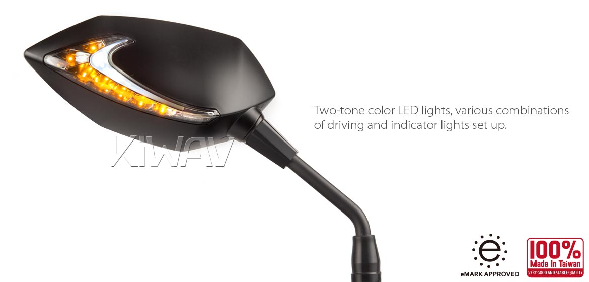 KiWAV Oi & Lucifer black LED neat stem motorcycle mirrors universal fit