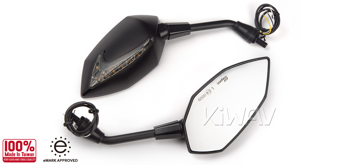 KiWAV motorcycle Two-tone LED neat stem mirrors Lucifer black for metric 10mm thread Magazi