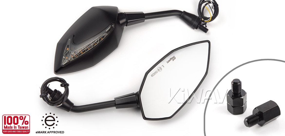 KiWAV motorcycle Two-tone LED neat stem mirrors Lucifer black for metric 10mm YAMAHA Magazi