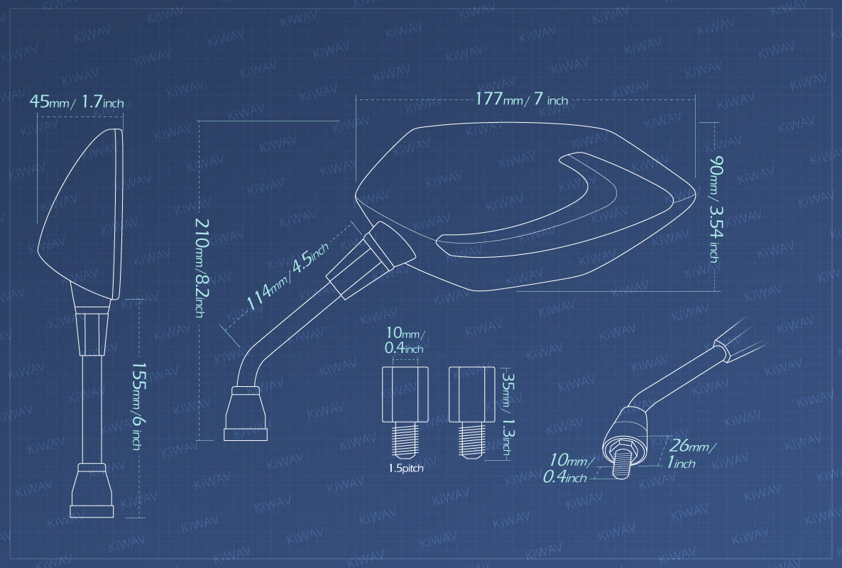 Measurement of KiWAV motorcycle mirrors Lucifer LED neat stem Metric BMW 10mm 1.5 pitch