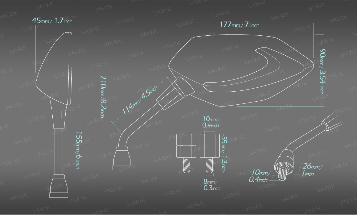 Measurement of VAWiK motorcycle mirrors Lucifer LED neat stem Metric 8mm scooters