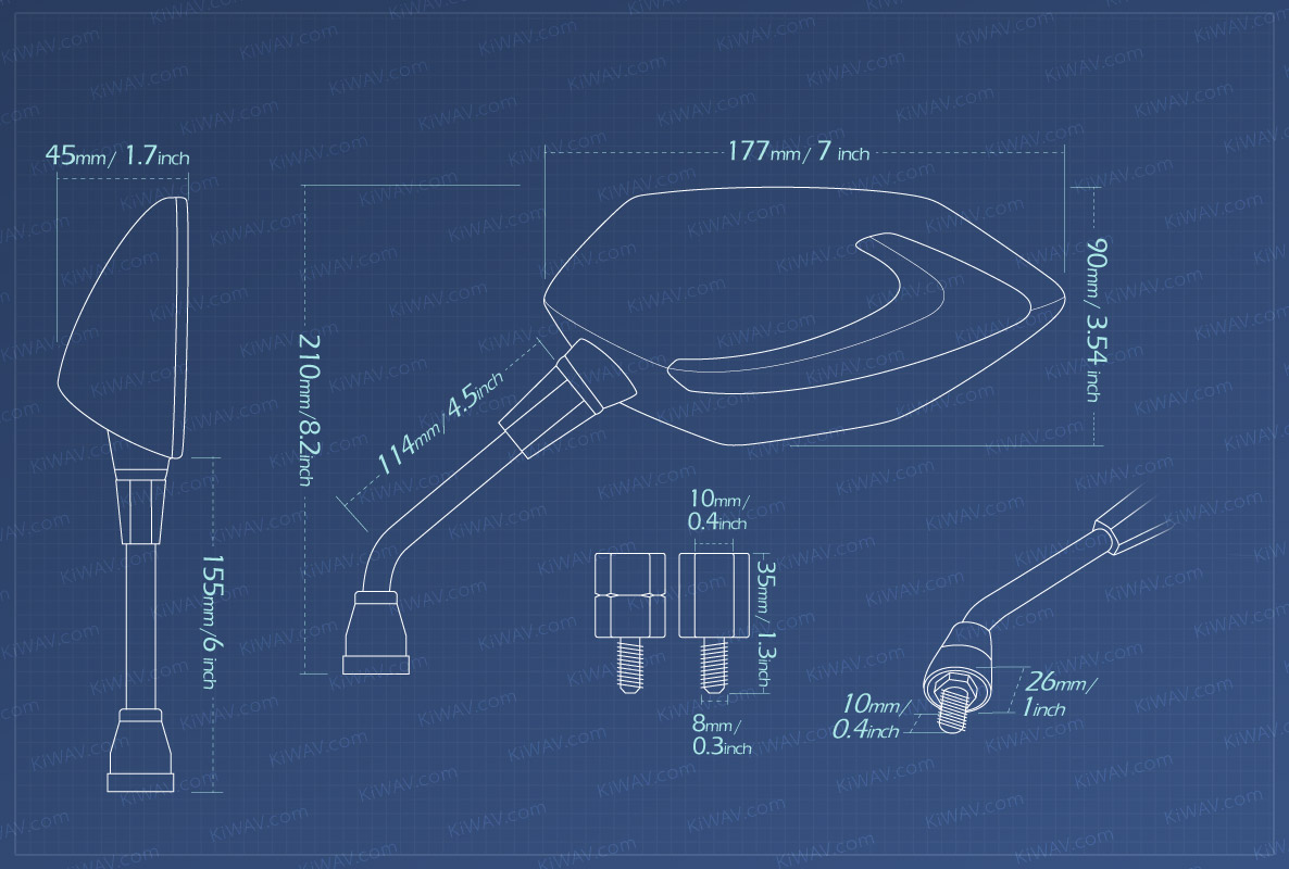 Measurement of KiWAV motorcycle mirrors Lucifer LED neat stem Metric 8mm scooters