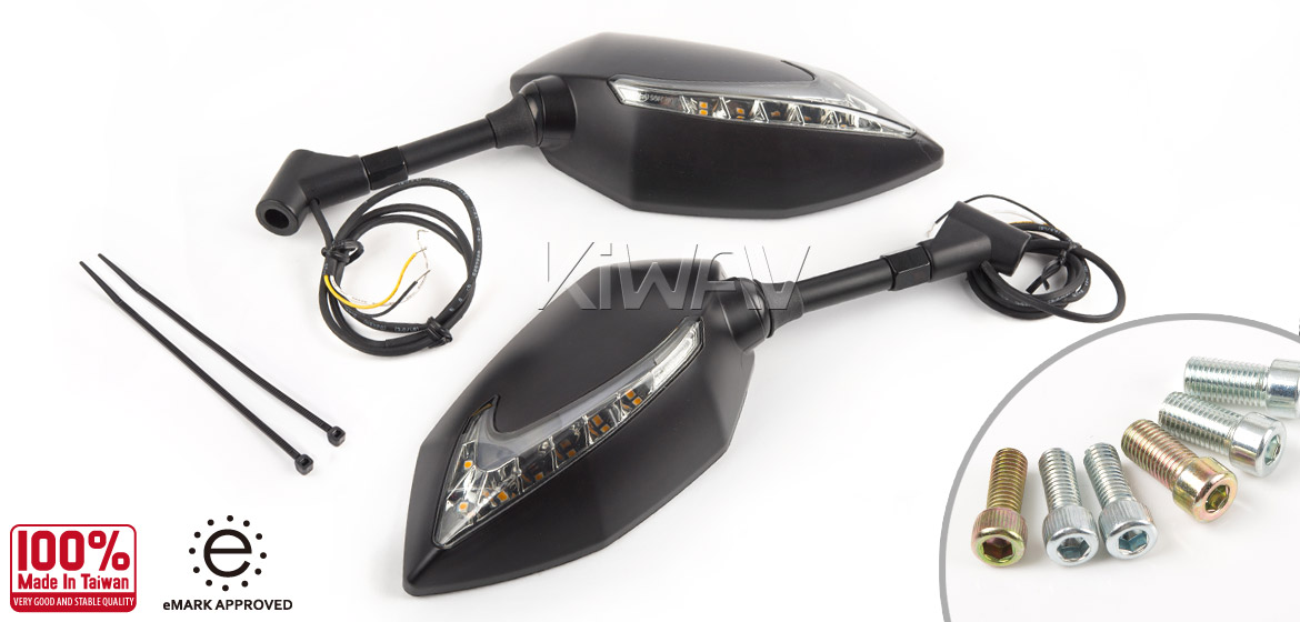 KiWAV Lucifer black LED motorcycle mirrors universal fit