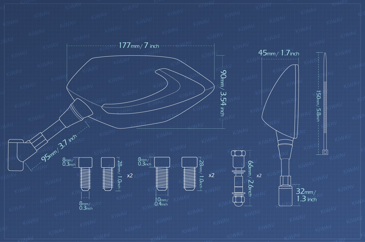 Measurement of KiWAV motorcycle Two-tone LED mirrors Lucifer carbon for Harley Davidson