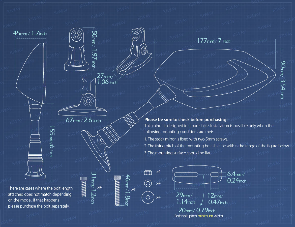 Measurement of KiWAV Lucifer LED motorcycle mirrors for sportsbike