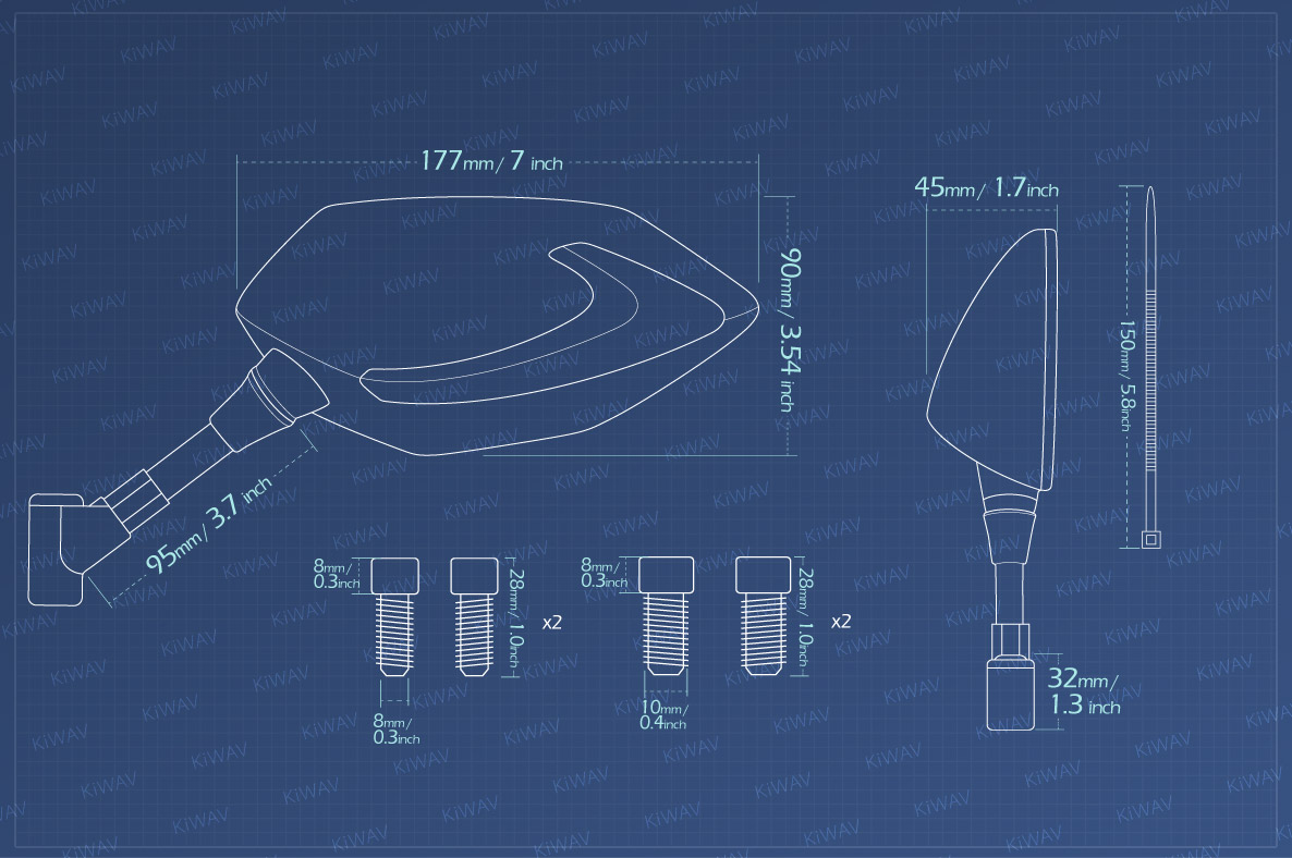 Measurement of KiWAV motorcycle mirrors Lucifer LED Metric 10mm & 8mm bikes