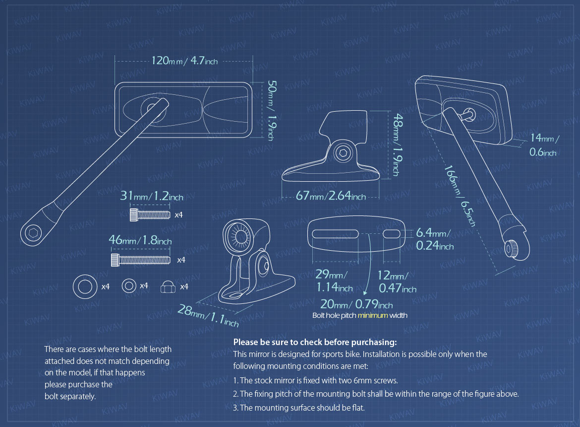 Measurement of KiWAV Modern motorcycle mirrors for sportsbike