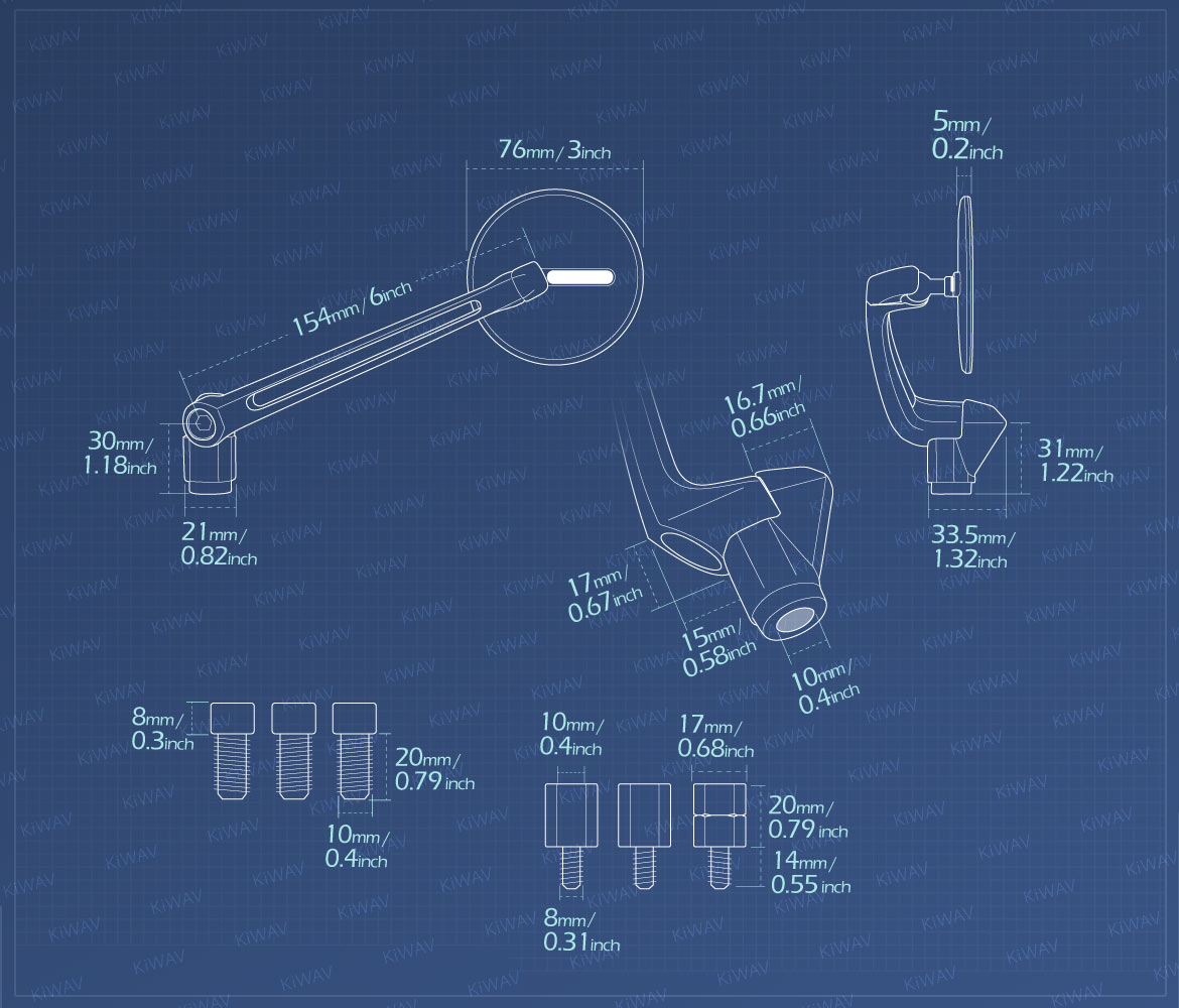 Measurement of KiWAV motorcycle mirrors Ojo compatible for most modern Vespa models, GTS/ GTV/ LX/ LT/ LXV/ S