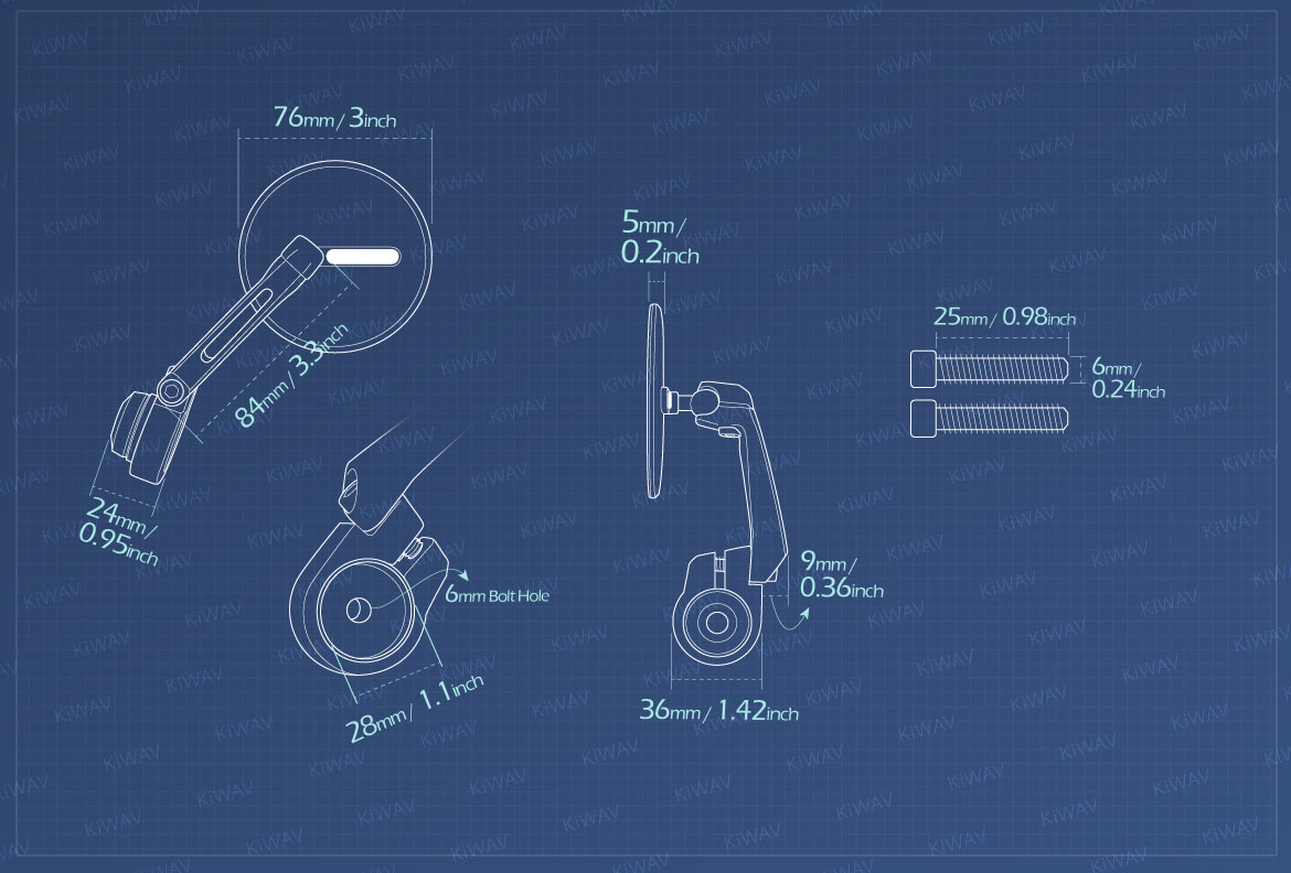 Measurement of KiWAV motorcycle bar end mirrors Ojo compatible with some Vespa models, GTS/ GTV/ GT