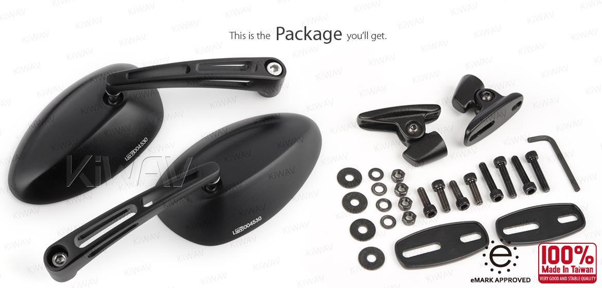 KiWAV motorcycle OvalMX black mirrors with black base for sportsbike for sportsbike