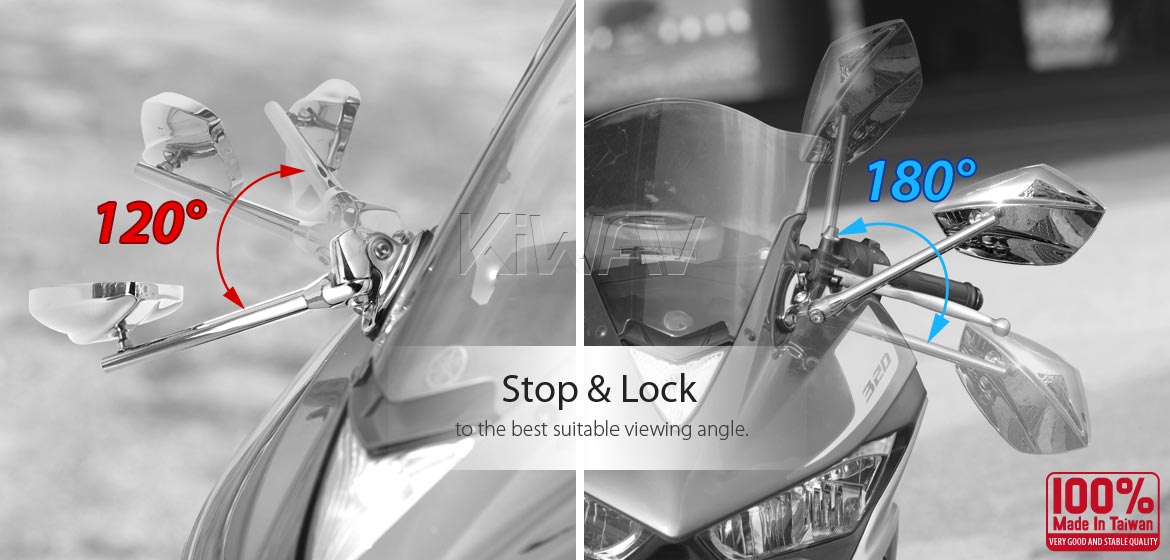 KiWAV motorcycle mirrors PalmII chrome fairing mount w/ new ver. mat black adapter