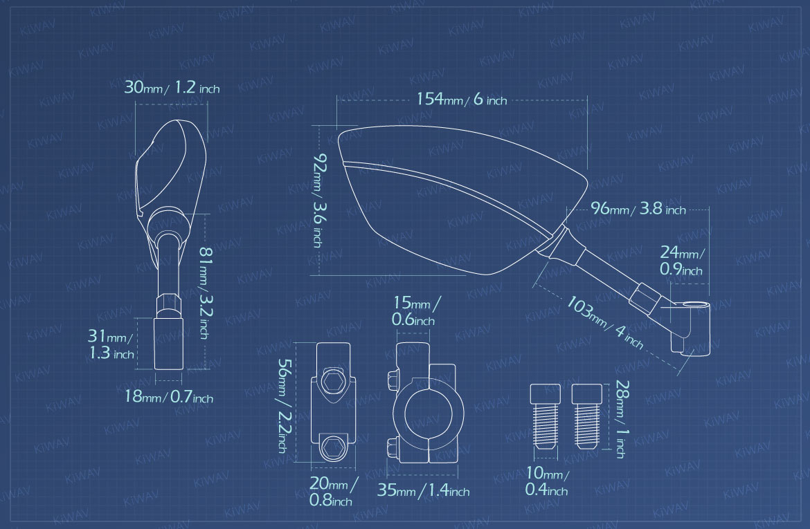 Measurement of KiWAV ATV rear view mirrors Redline for 7/8 inch handlebar mount with aluminum clips