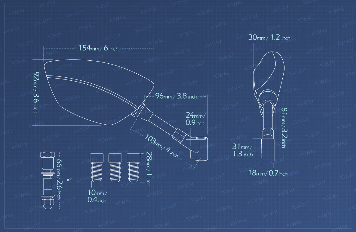 Measurement of KiWAV motorcycle mirrors Blackline for Harley Davidson