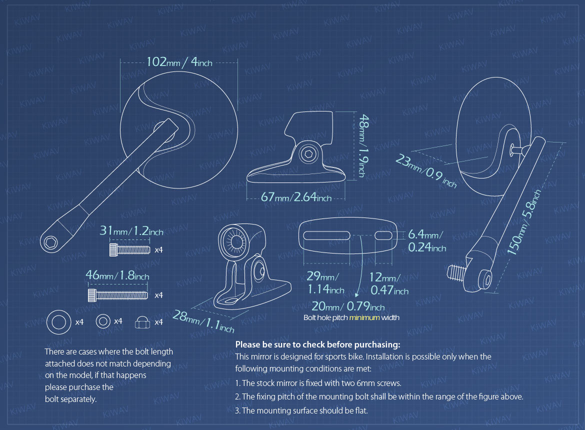 Measurement of KiWAV Retro motorcycle mirrors for sportsbike