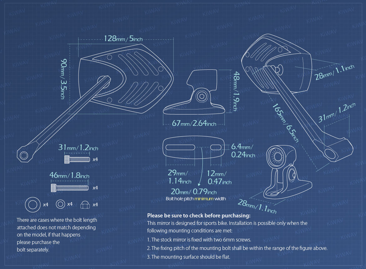 Measurement of KiWAV Shield motorcycle mirrors for sportsbike