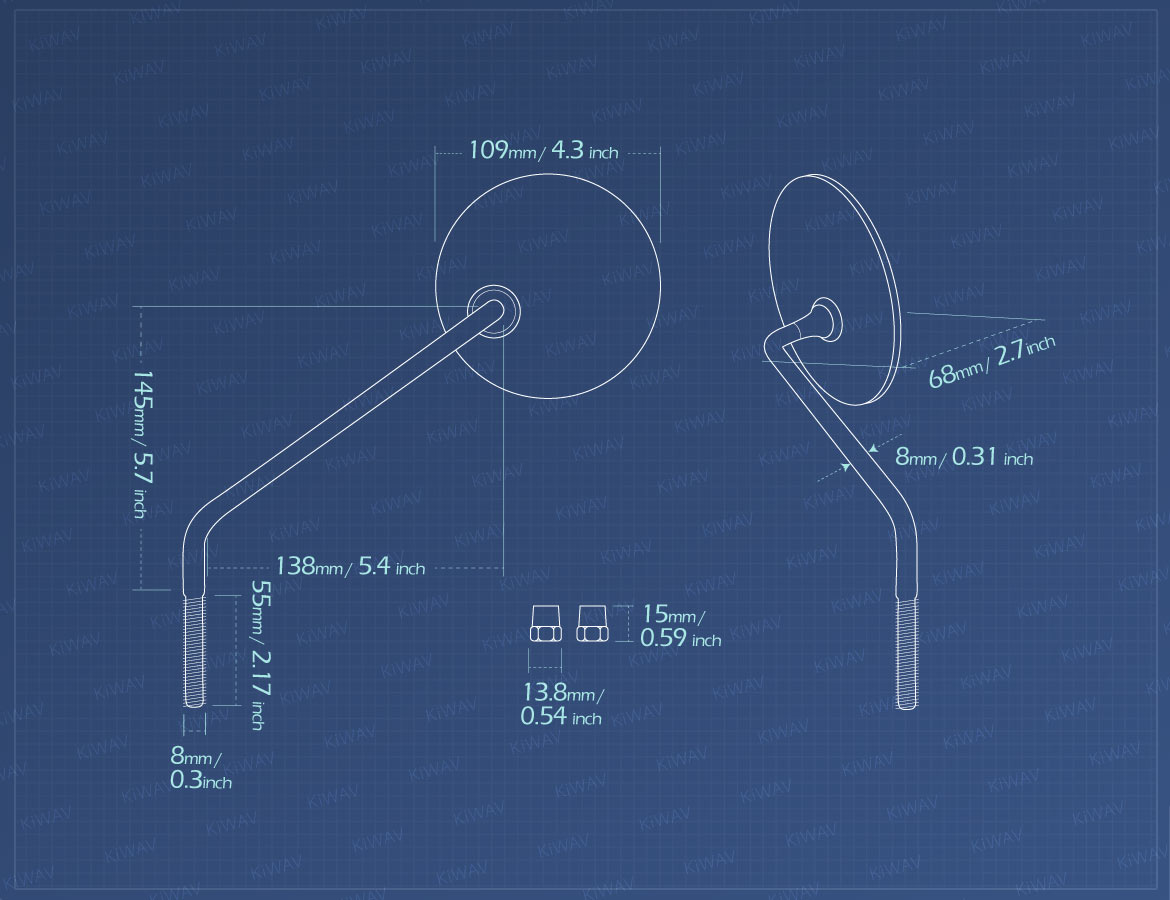 Measurement of KiWAV motorcycle mirrors Stan round stainless mirrors