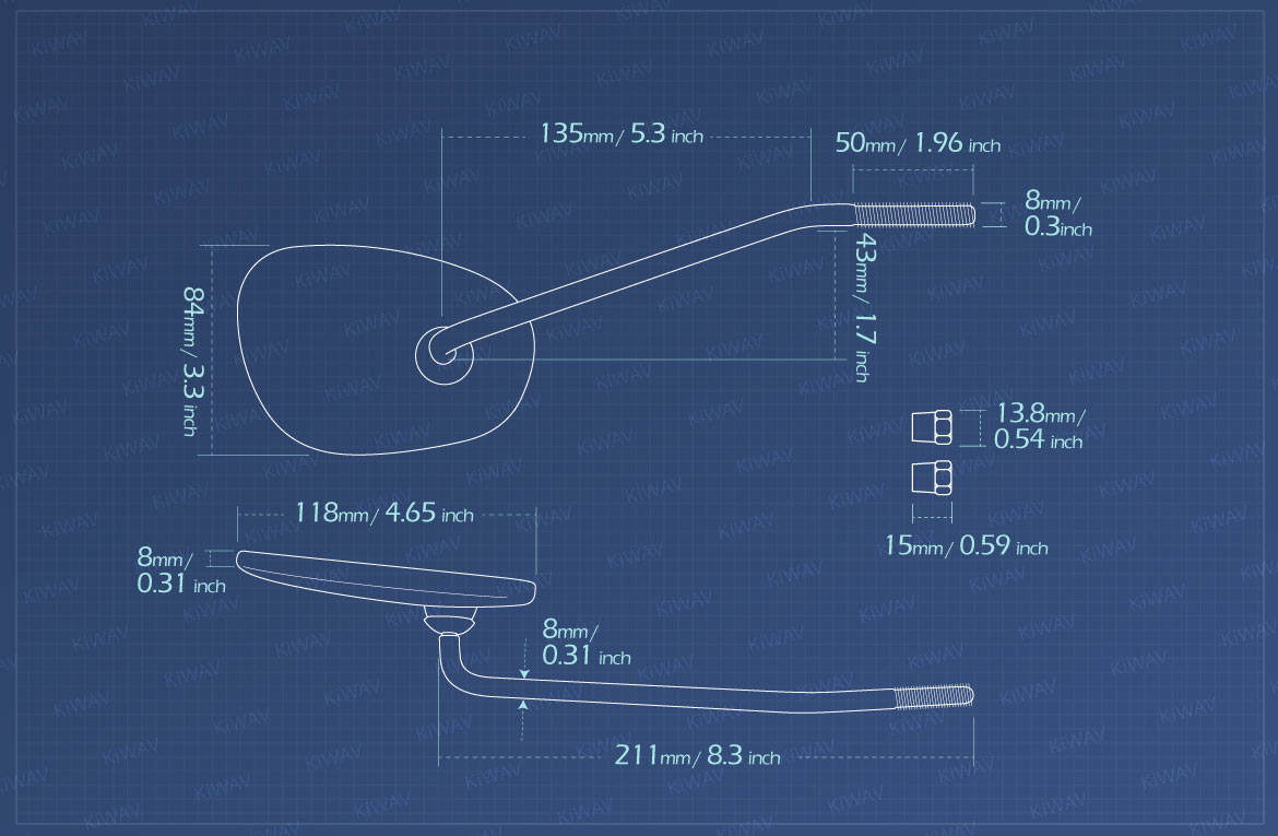 Measurement of KiWAV motorcycle mirrors Stan square headlight ear mounted