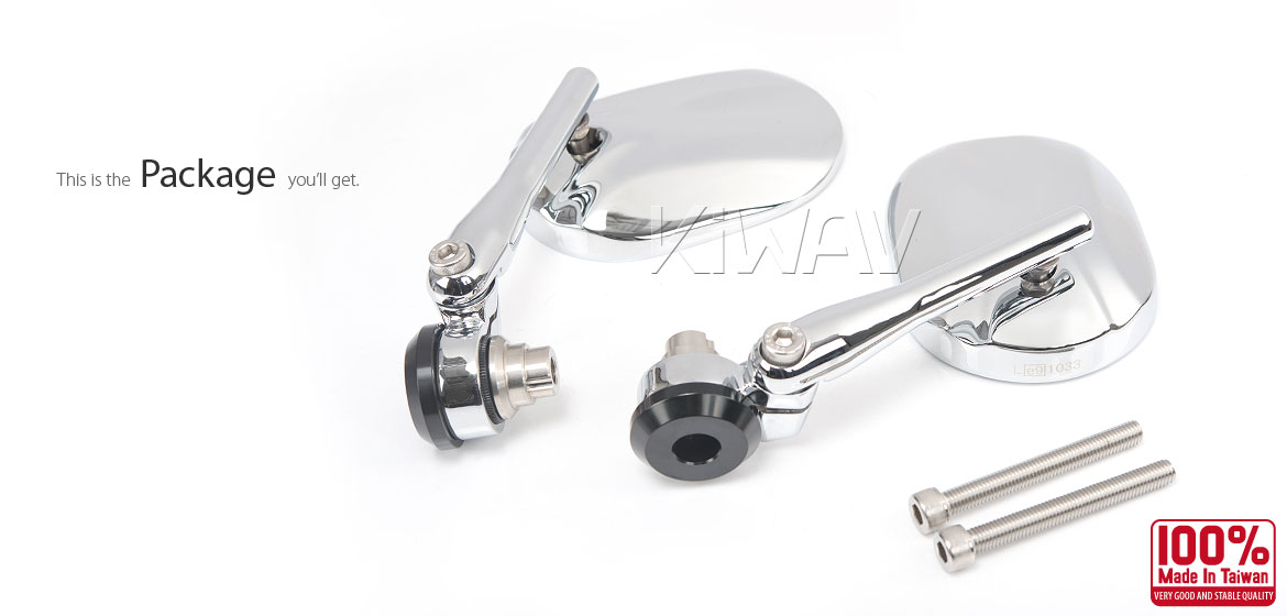 KiWAV motorcycle round bar end mirrors Stark chrome compatible for Indian Scout Bobber