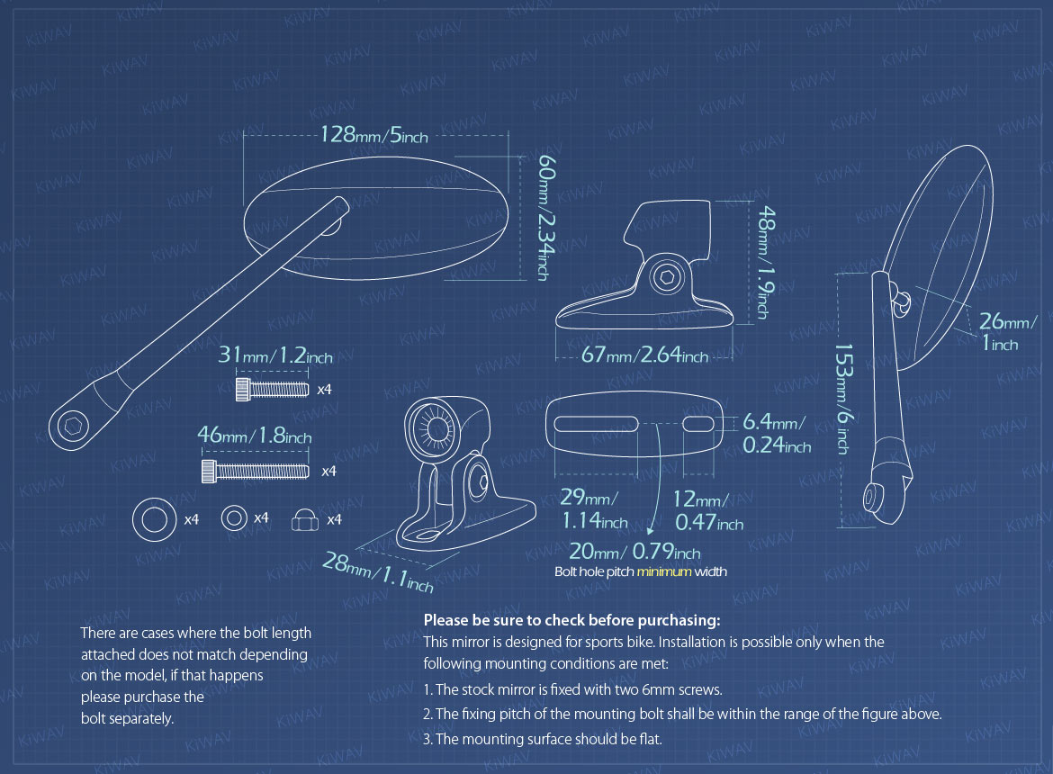 Measurement of KiWAV Ultra motorcycle mirrors for sportsbike